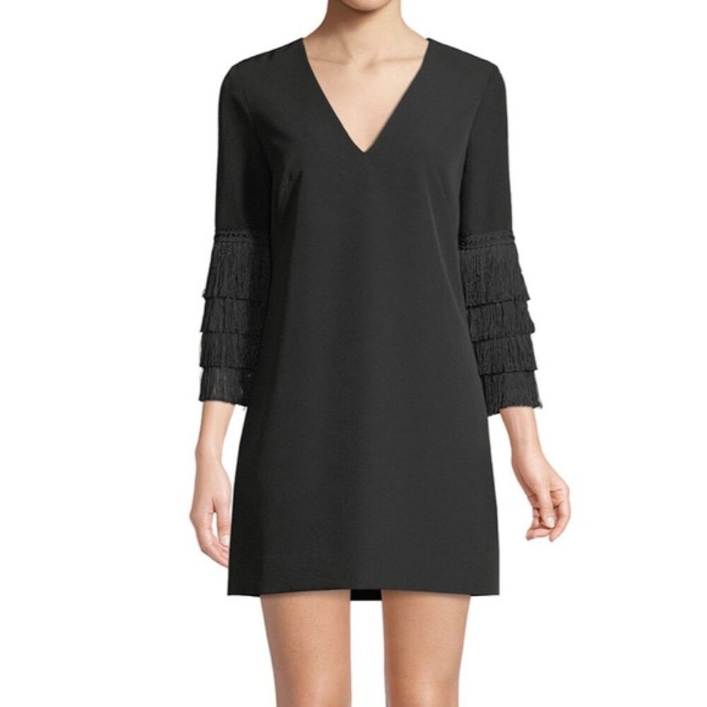 Milly Nicole Black Fringe Sleeve Elegant Party Evening Midi Shift Tunic Size 6